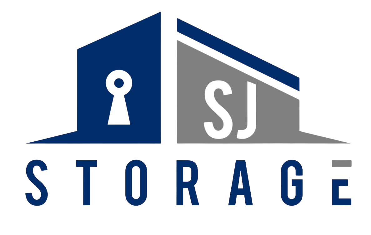 SJ Storage logo featuring a stylized building icon with a keyhole